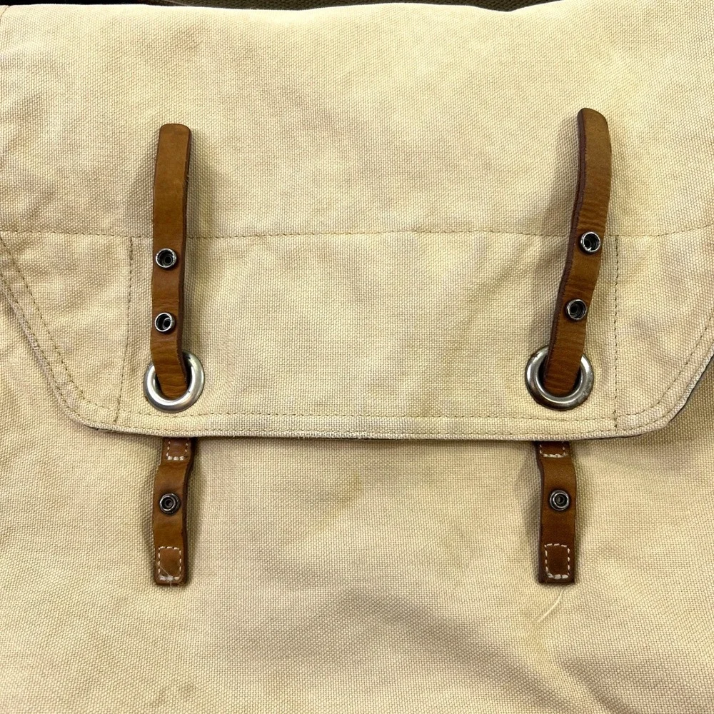 Old Navy Beige Canvas Messenger Bag Camo Lining Leather Tabs Distressed Adjustbl